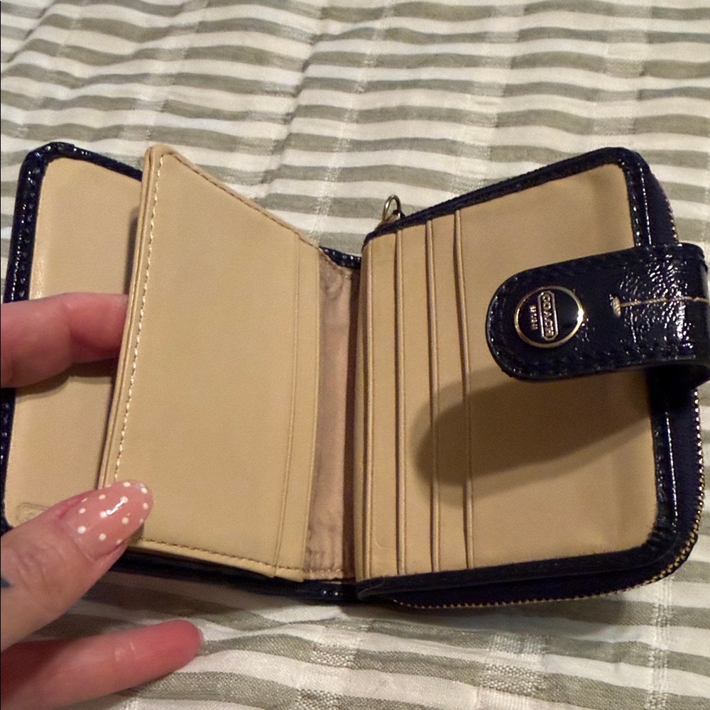 Coach Brown Signature Canvas Wallet with Navy Trim - Picture 3 of 4